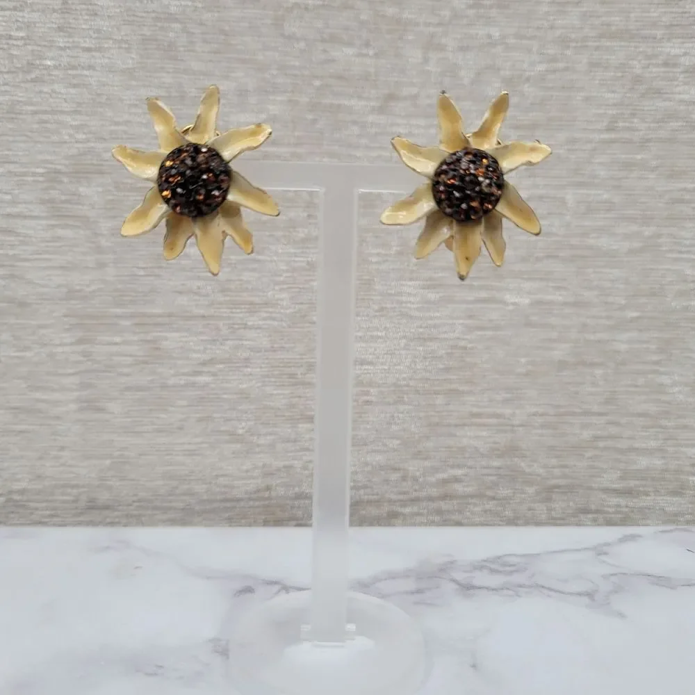 BSK Vintage Sunflower Clip On Earrings Cream Enamel Gold Toned Brown Rhinestones